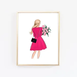 Fashion wall art of girl in pink dress holding flowers