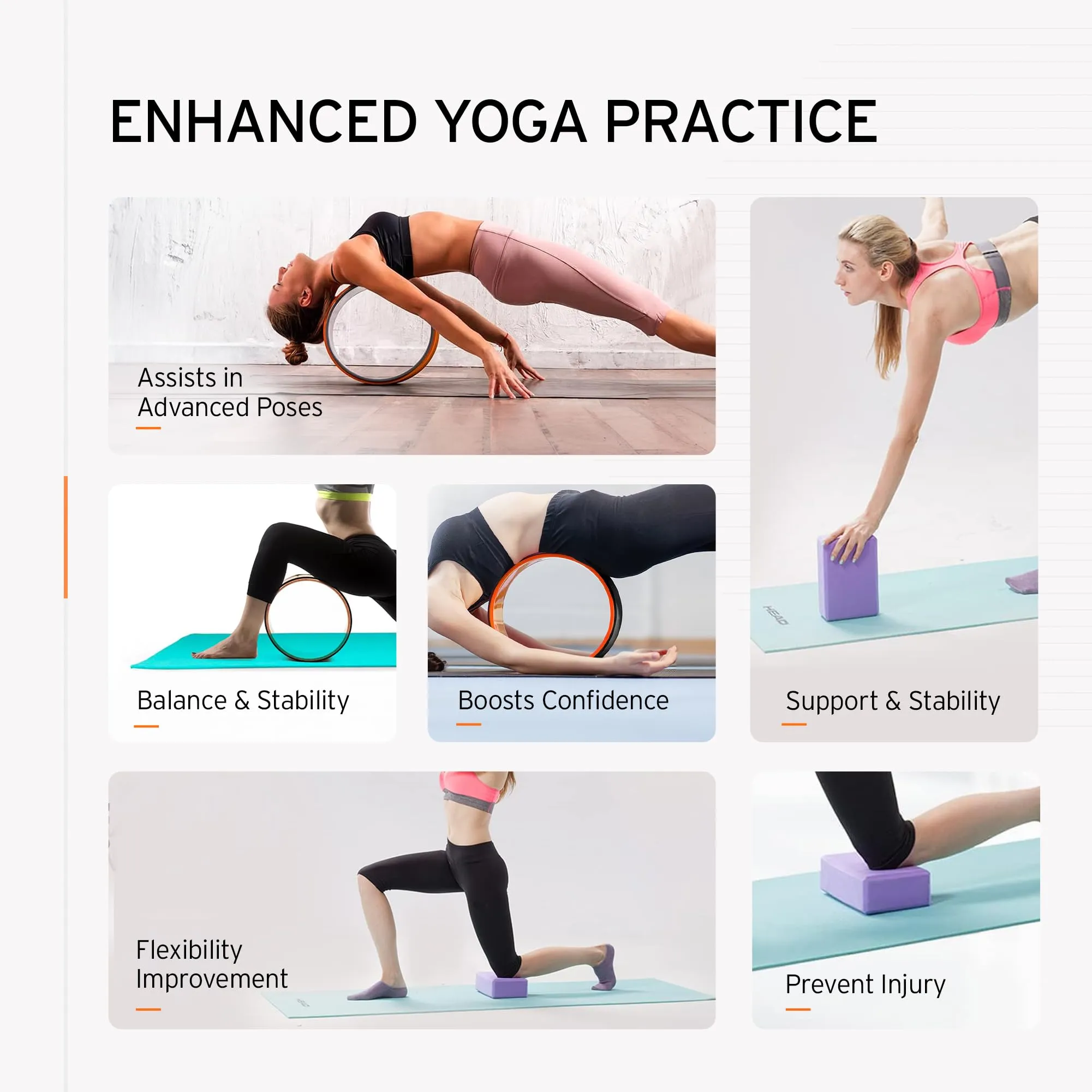 HEAD Yoga Pilates Kit | Yoga Set | Anti-Skid PVC Yoga Mat (6MM) | Yoga Block Set of 2 EVA Foam | Yoga Wheel ABS Material | Yoga Belt 8.3 Feet | Equipment for Workout - Men & Women | Improves Strength