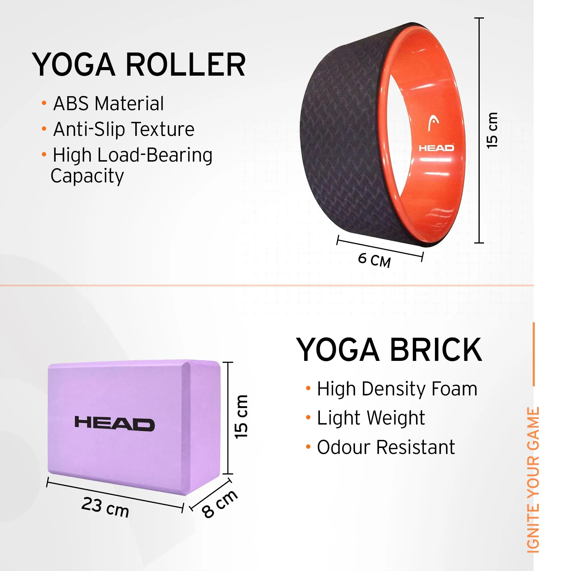 HEAD Yoga Pilates Kit | Yoga Set | Anti-Skid PVC Yoga Mat (6MM) | Yoga Block Set of 2 EVA Foam | Yoga Wheel ABS Material | Yoga Belt 8.3 Feet | Equipment for Workout - Men & Women | Improves Strength