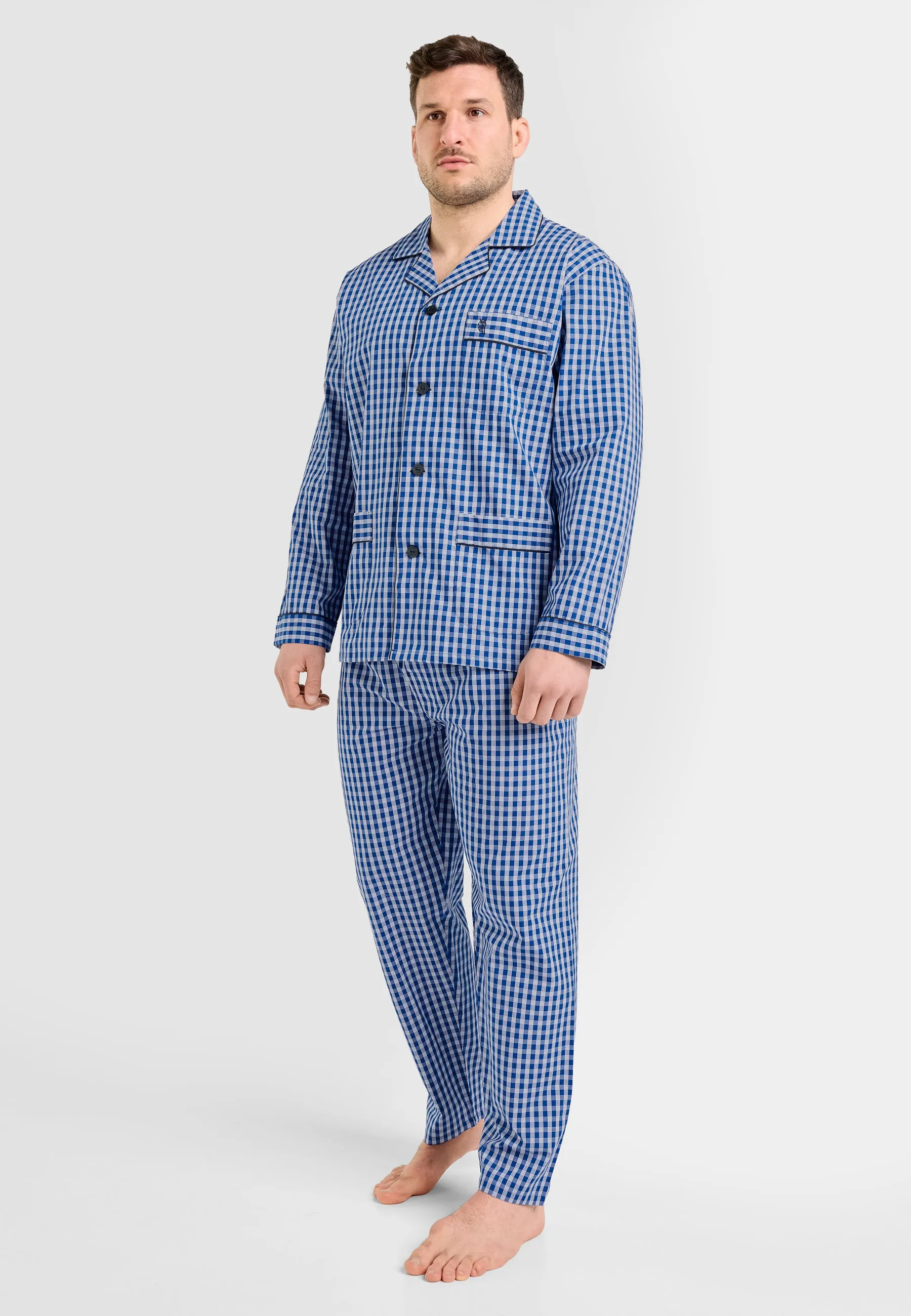 Pijama Hombre Largo Solapa Algodón Popelín Cuadros - Azul 1522_38