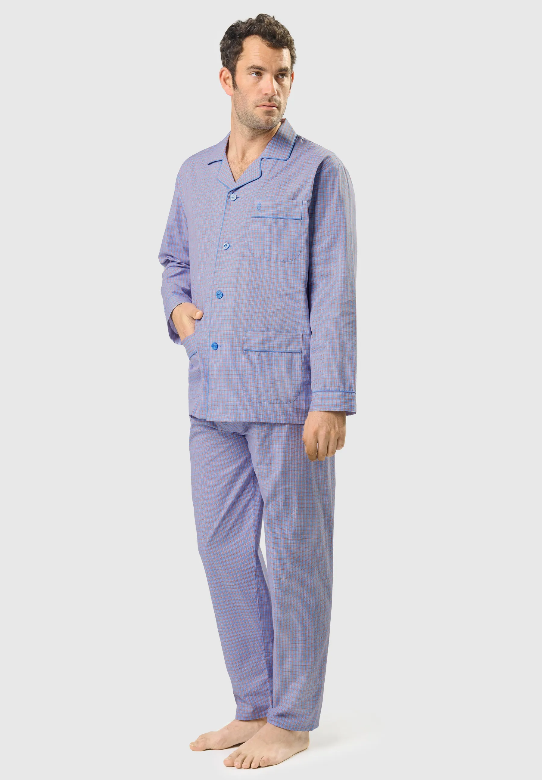 Pijama Hombre Largo Solapa Algodón Popelín Cuadros - Azul 1538_30