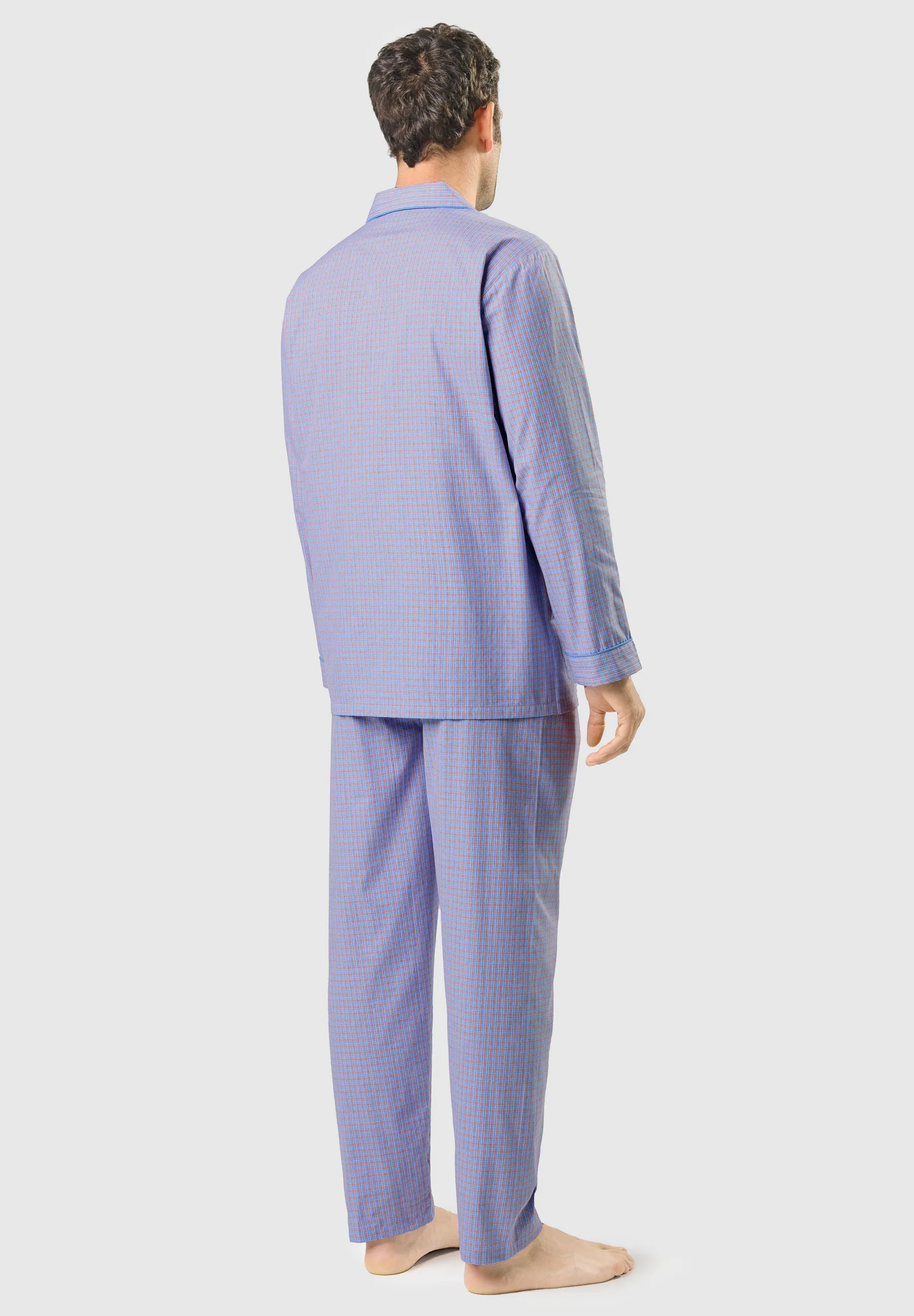 Pijama Hombre Largo Solapa Algodón Popelín Cuadros - Azul 1538_30