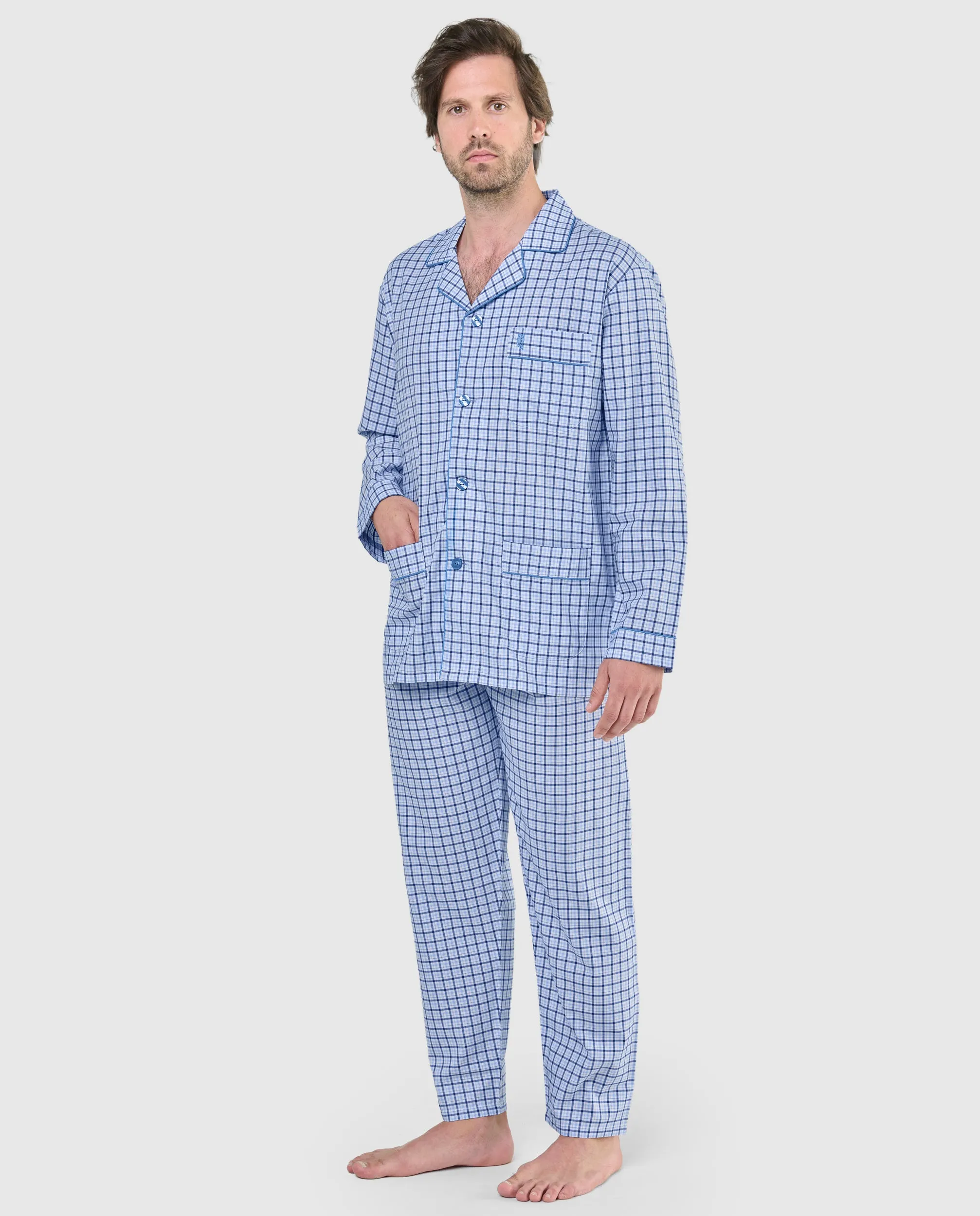 Pijama Hombre Largo Solapa Algodón Popelín Cuadros - Celeste 2989_30