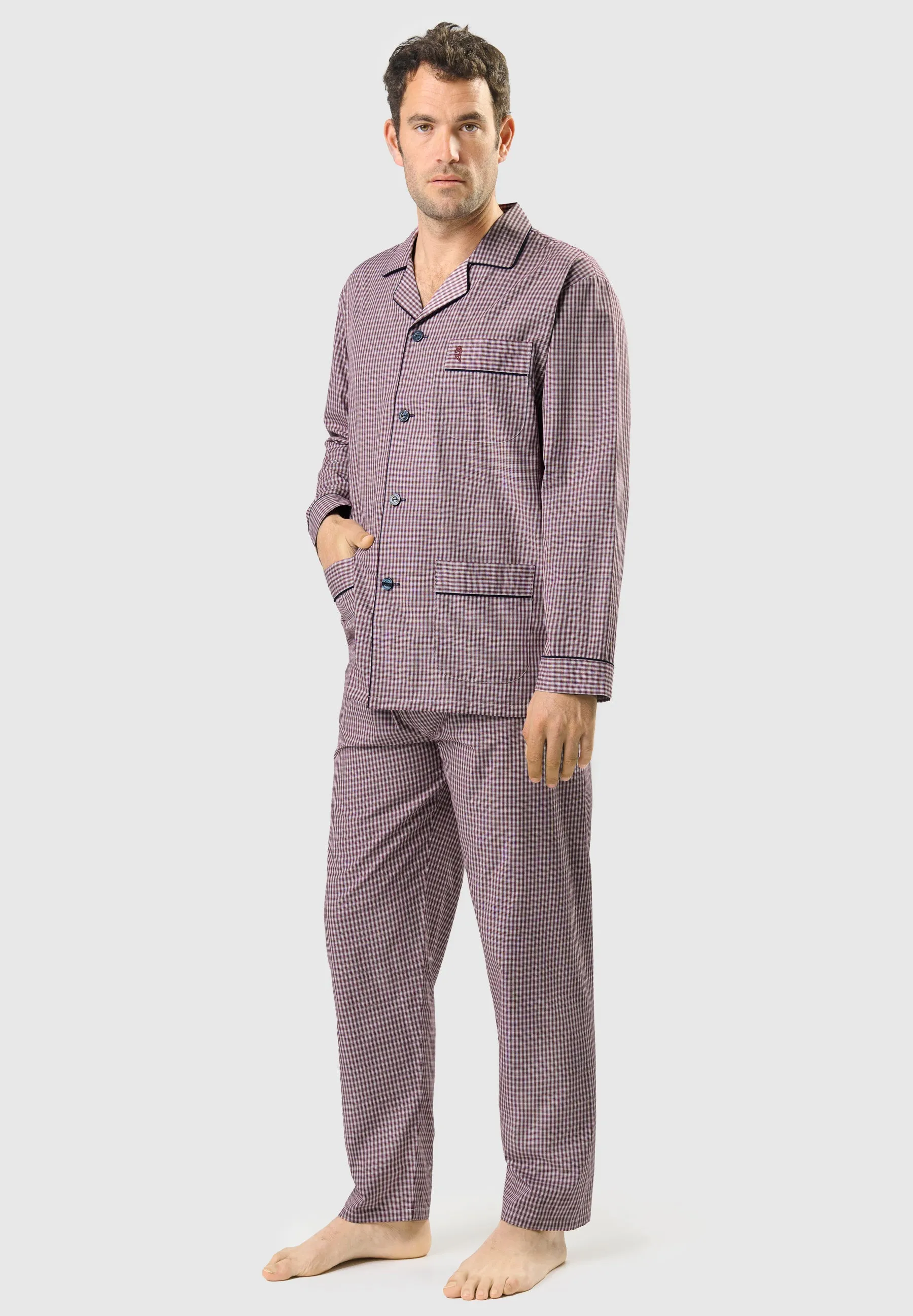 Pijama Hombre Largo Solapa Algodón Popelín Cuadros - Rojo 1541_90