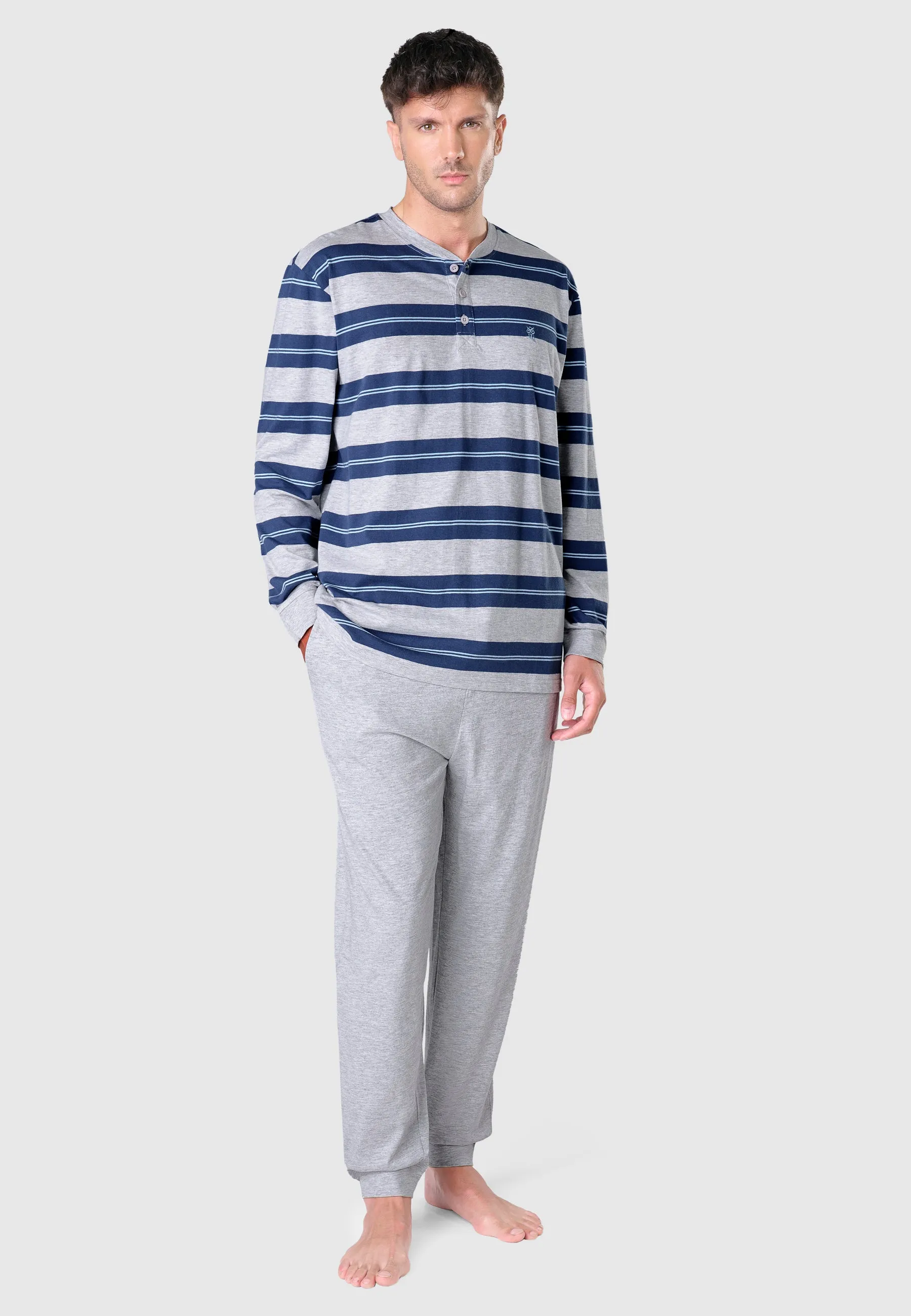 Pijama Hombre Largo Tapeta Algodón Punto Rayas - Gris 5578_20