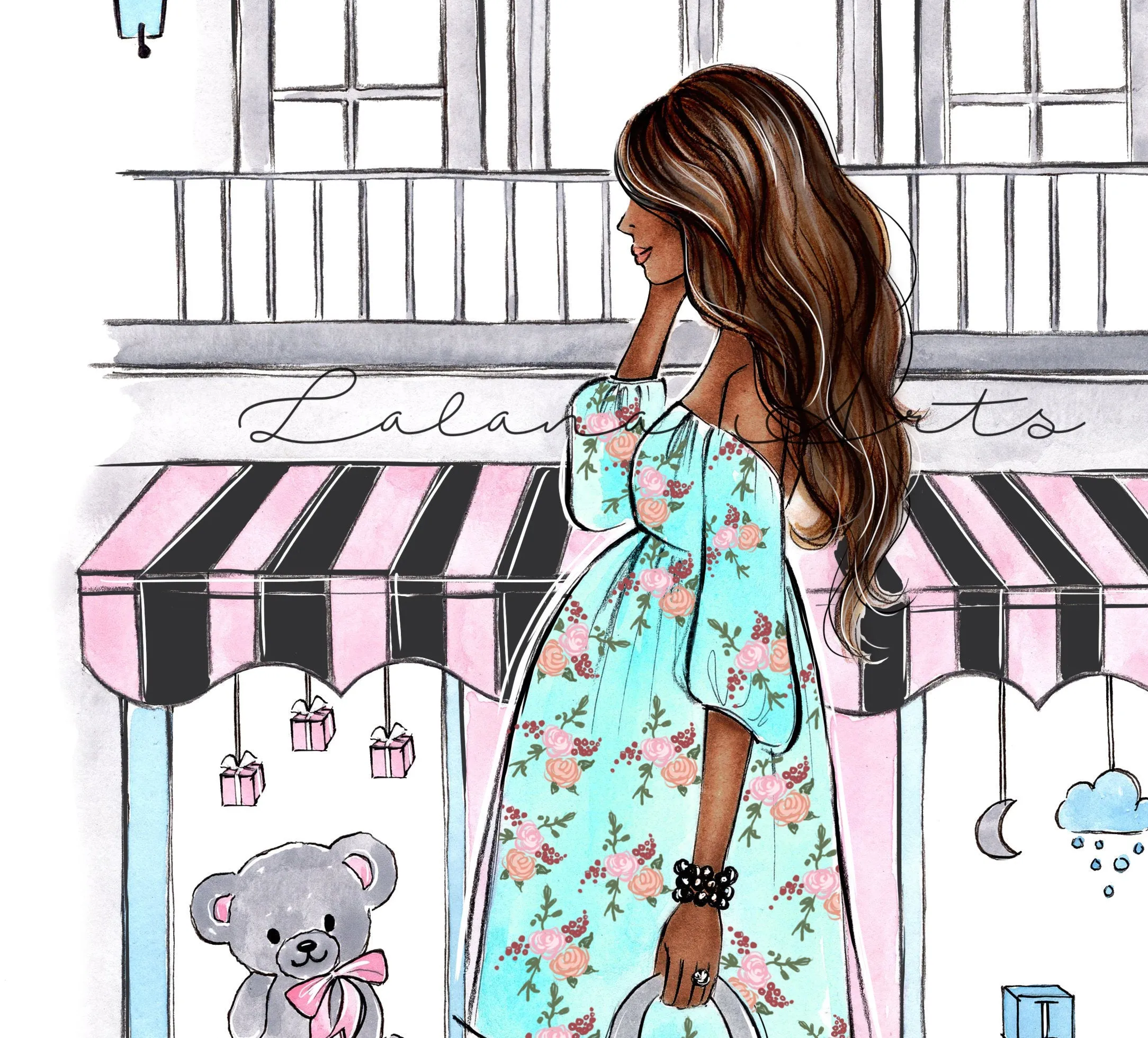 Pregnant mom to be art print fashion illustration