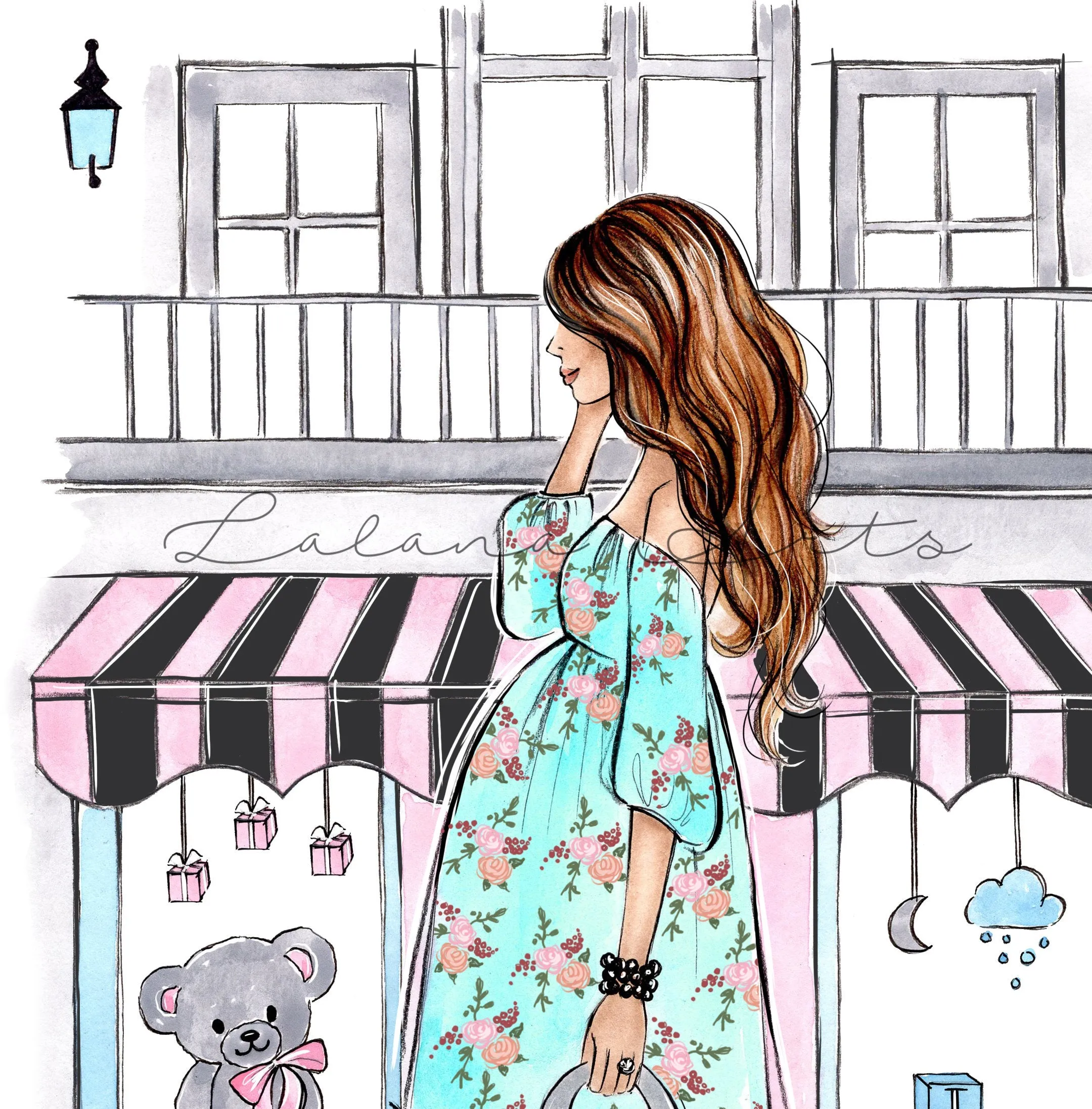 Pregnant mom to be art print fashion illustration