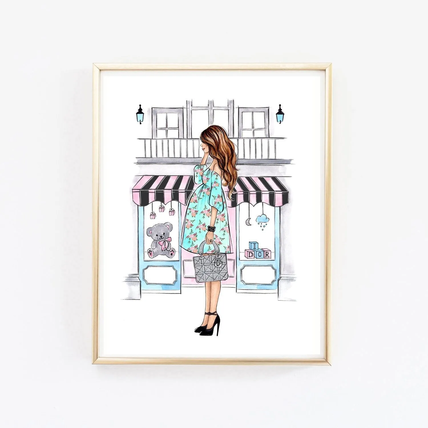 Pregnant mom to be art print fashion illustration