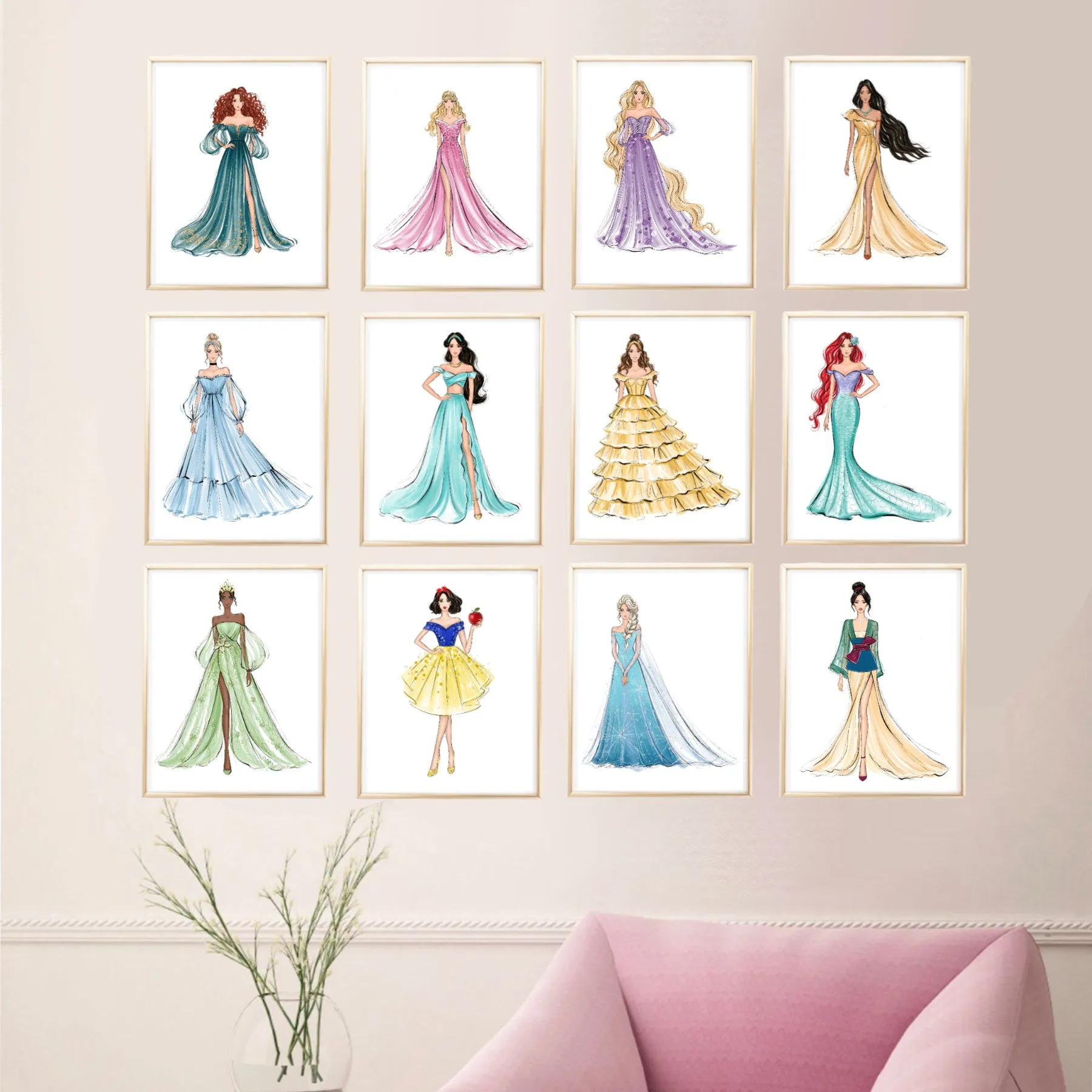 SET OF 12 ART PRINTS All Princesses fashion illustrations