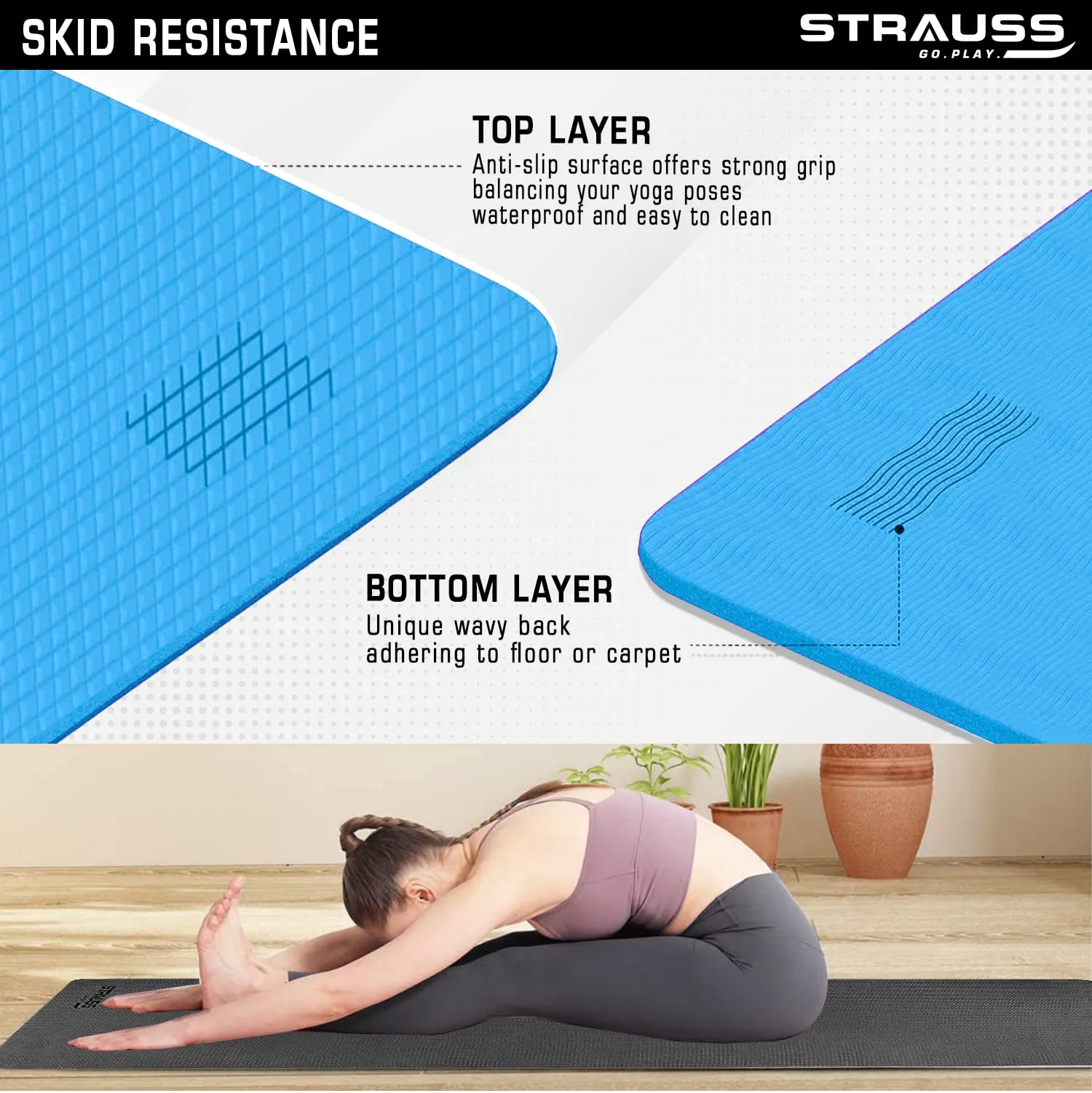 STRAUSS Anti Skid EVA Yoga Mat with Carry Bag, 8mm, Non-Slip Exercise Mat for Home & Gym | Lightweight & Durable Workout Mat | Ideal for Yoga, Pilates, Fitness | Ideal for Men & Women, (Sky Blue)