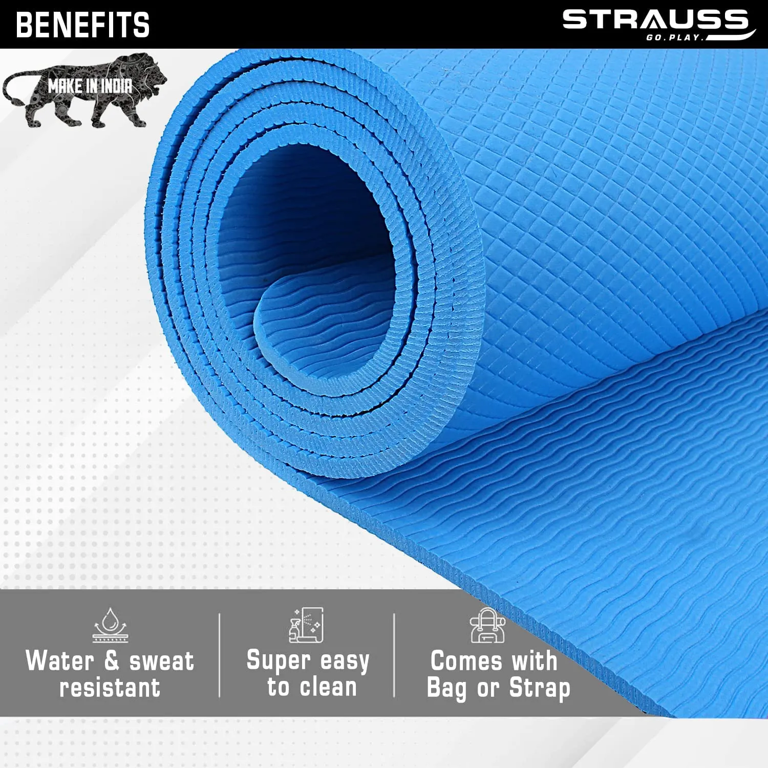 STRAUSS Anti Skid EVA Yoga Mat with Carry Bag, 8mm, Non-Slip Exercise Mat for Home & Gym | Lightweight & Durable Workout Mat | Ideal for Yoga, Pilates, Fitness | Ideal for Men & Women, (Sky Blue)