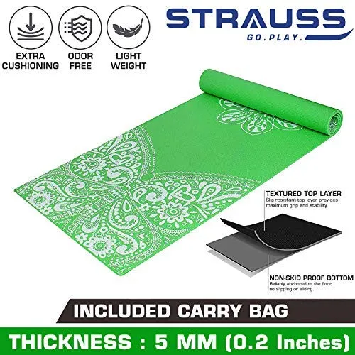 Strauss Meditation Butterfly Yoga Mat, 5 mm, (Green), Yoga Block (Green), Pair, Anti-Microbial Sports Cooling Towel(Grey) and Yoga Belt, 8 Feet, (Blue)