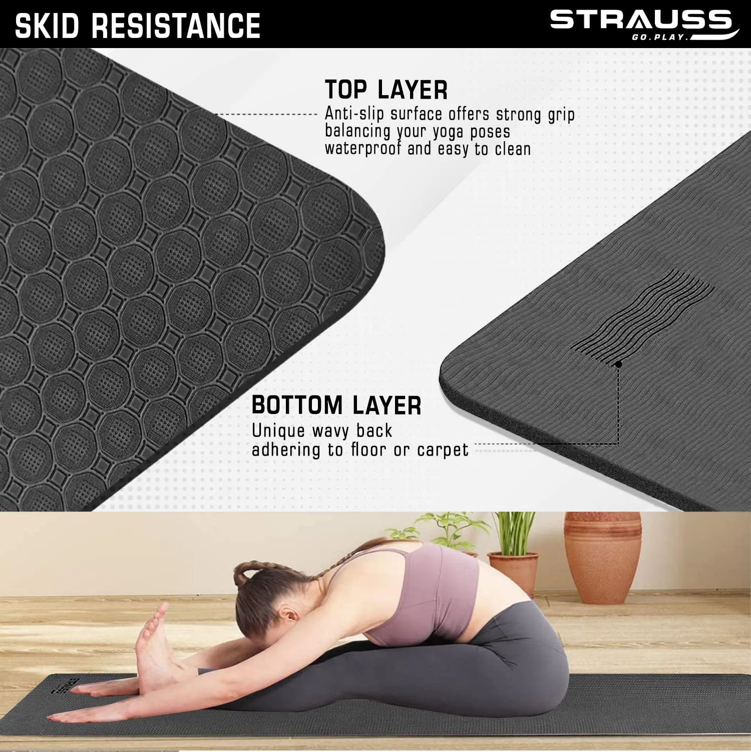 STRAUSS TPE Dual Layer Yoga Mat| Exercise Mat for Yoga,Pilates & Gym| Lightweight & Eco-Friendly Material | Yoga Mat for Women and Men |Ideal for Home Gym Workout |Includes Carry Bag | 6MM,(Black)