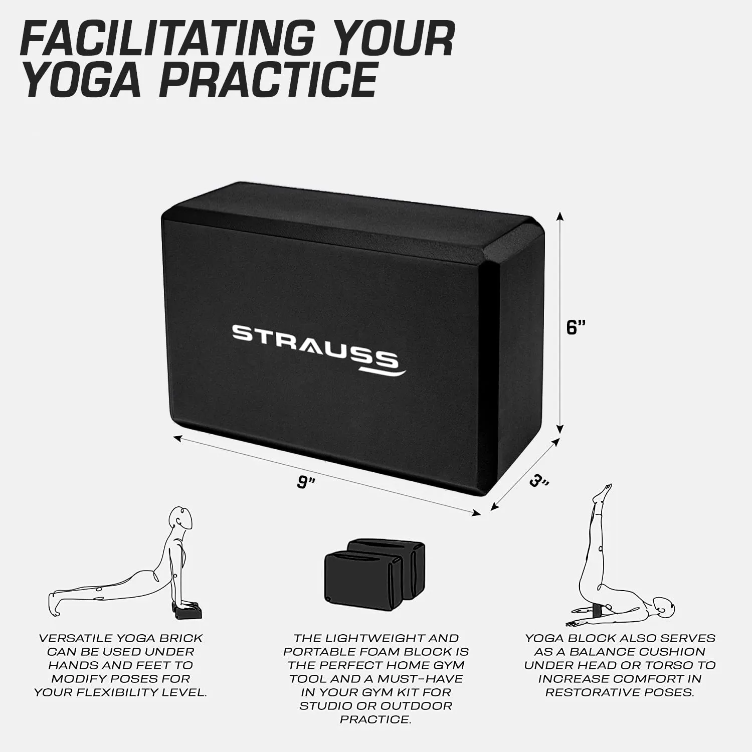 Strauss Yoga Block Pair, (Black) with Yoga Belt