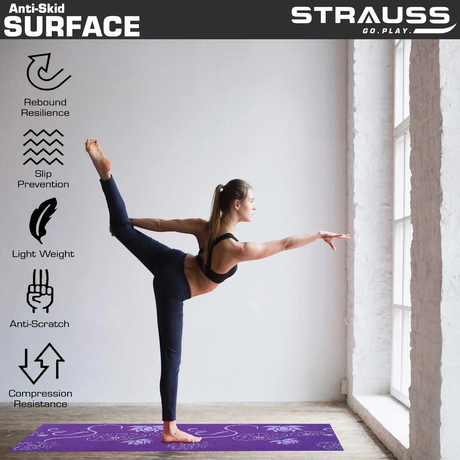 Strauss Yoga Mat 6mm (Purple Floral) and Yoga Block (Purple)