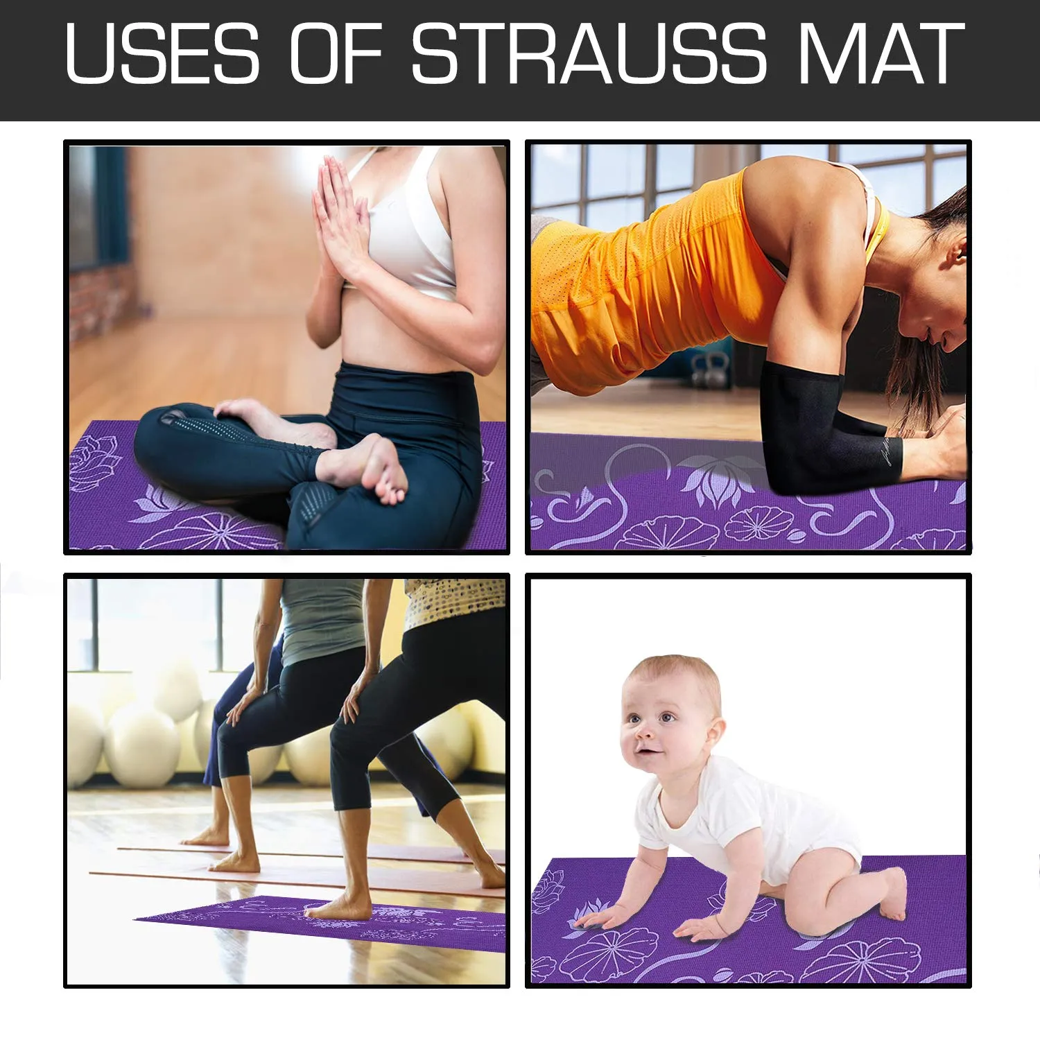 Strauss Yoga Mat 6mm (Purple Floral) and Yoga Block (Purple)