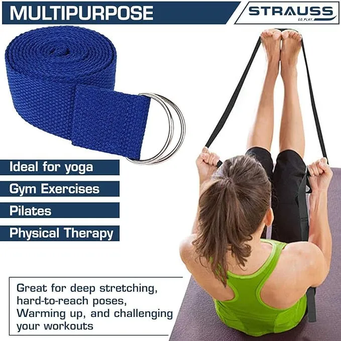 Strauss Yoga Strap & Stretching Belt | Ideal for Yoga, Pilates, Therapy, Dance, Gymnastics & Flexibility | 60% Thicker Belt with Extra Safe Adjustable Metal D-Ring Buckle | 8 feet (Blue) | Pack of 50