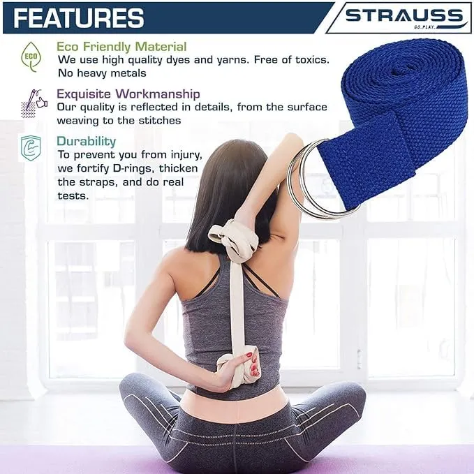 Strauss Yoga Strap & Stretching Belt | Ideal for Yoga, Pilates, Therapy, Dance, Gymnastics & Flexibility | 60% Thicker Belt with Extra Safe Adjustable Metal D-Ring Buckle | 8 feet (Blue) | Pack of 50